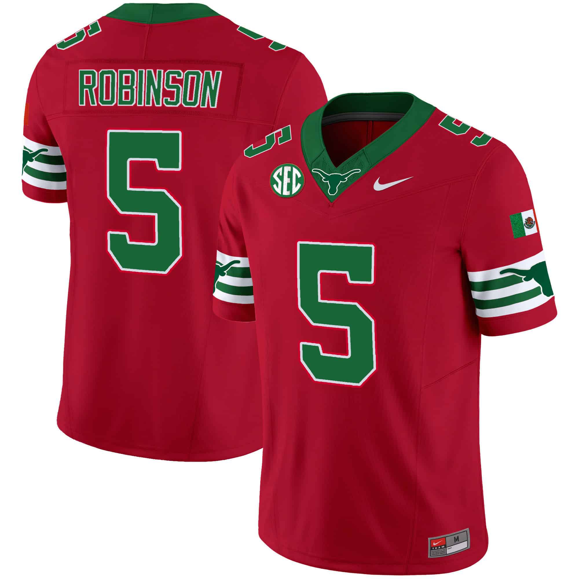 Men Texas Longhorns 5 Robinson Red 2024 Nike Mexico SEC Patch Vapor NCAA Jersey